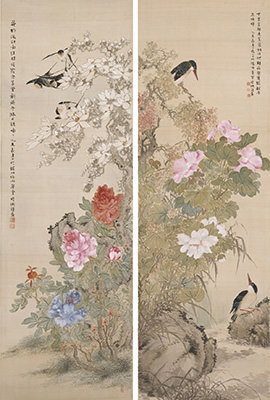 真作/明治の女流南画家/奥原晴湖/花に香画賛/布袋屋掛軸HG-644