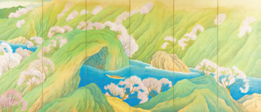 小野竹喬の「武陵桃源」(右隻)
